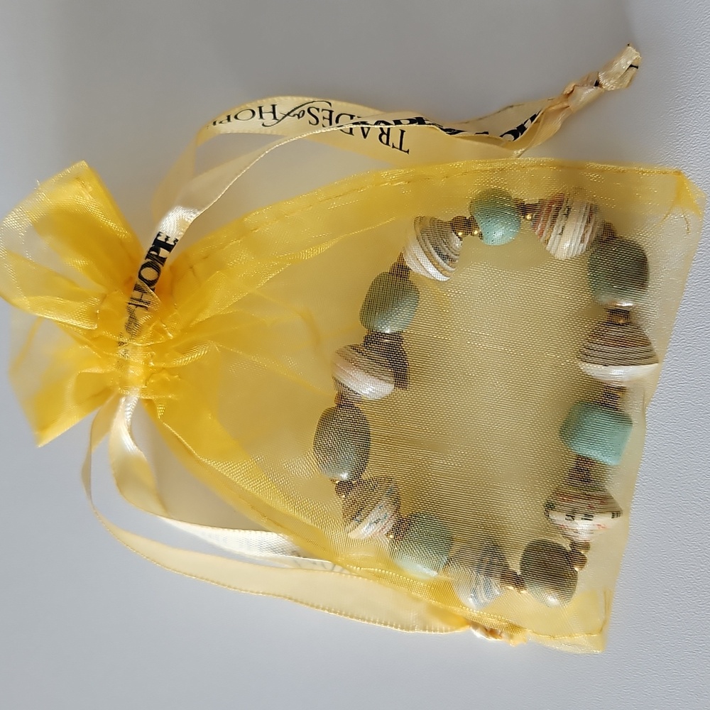 Turquoise and Cream Beaded Bracelet with Gold Charm - Picture 2 of 2